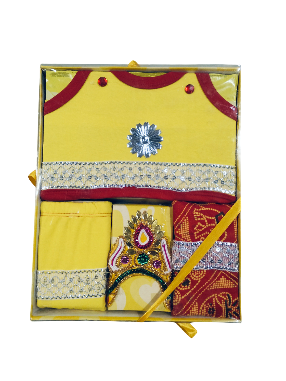 Laddu Gopal Yellow Traditional Dress Set with Crown and Accessories (Gift Pack) D.24/6 B.3929 Laddu Gopal Yellow Traditional Dress Set with Crown and Accessories (Gift Pack) D.24/6 B.3929