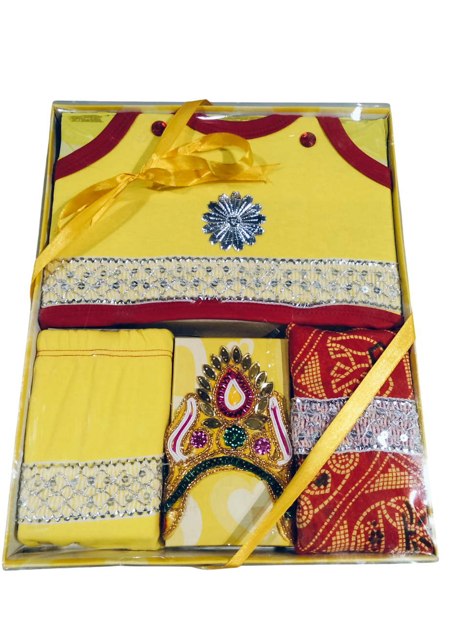 Laddu Gopal Yellow Traditional Dress Set with Crown and Accessories (Gift Pack) D.24/6 B.3929 Laddu Gopal Yellow Traditional Dress Set with Crown and Accessories (Gift Pack) D.24/6 B.3929