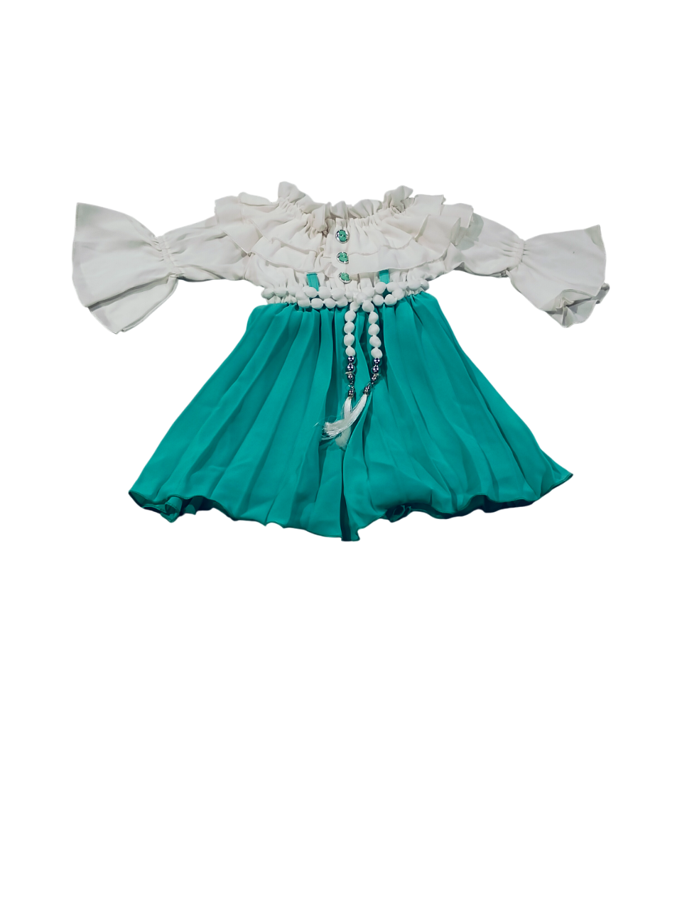 Stylish Off-Shoulder Party Wear Dress for Baby Girls – White & Aqua Green D.18.777 B.1302 Stylish Off-Shoulder Party Wear Dress for Baby Girls – White & Aqua Green D.18.777 B.1302
