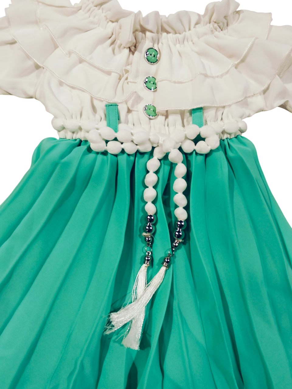 Stylish Off-Shoulder Party Wear Dress for Baby Girls – White & Aqua Green D.18.777 B.1302 Stylish Off-Shoulder Party Wear Dress for Baby Girls – White & Aqua Green D.18.777 B.1302