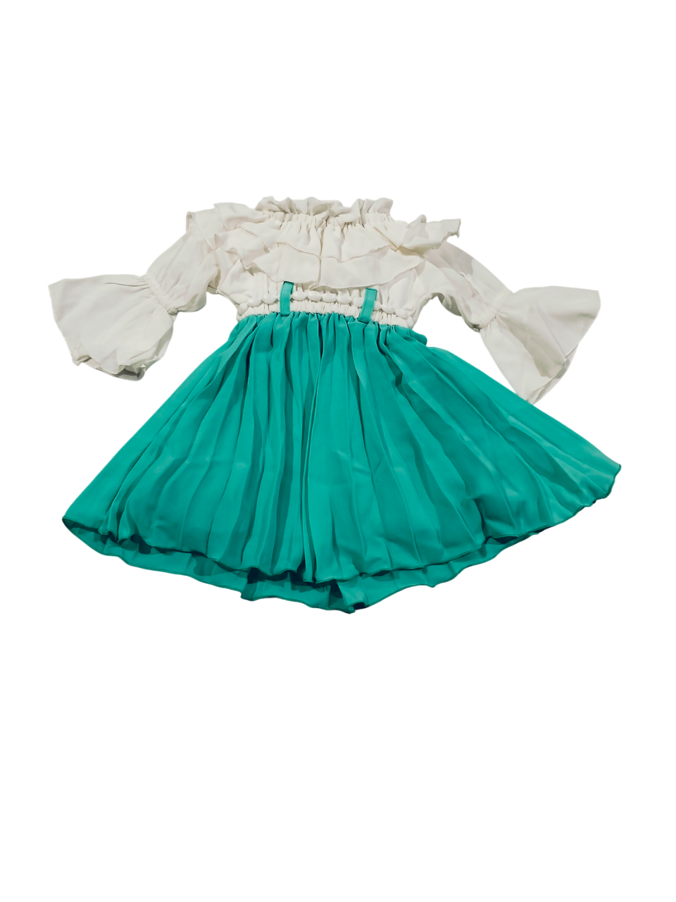 Stylish Off-Shoulder Party Wear Dress for Baby Girls – White & Aqua Green D.18.777 B.1302 Stylish Off-Shoulder Party Wear Dress for Baby Girls – White & Aqua Green D.18.777 B.1302