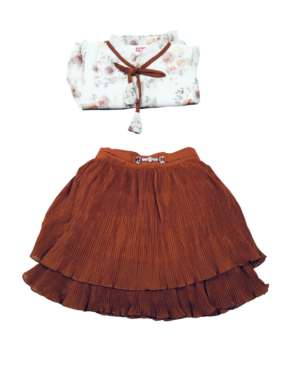 Elegant Floral Top & Rust Pleated Skirt Set for Girls D.11.015V B.1258 Elegant Floral Top & Rust Pleated Skirt Set for Girls D.11.015V B.1258
