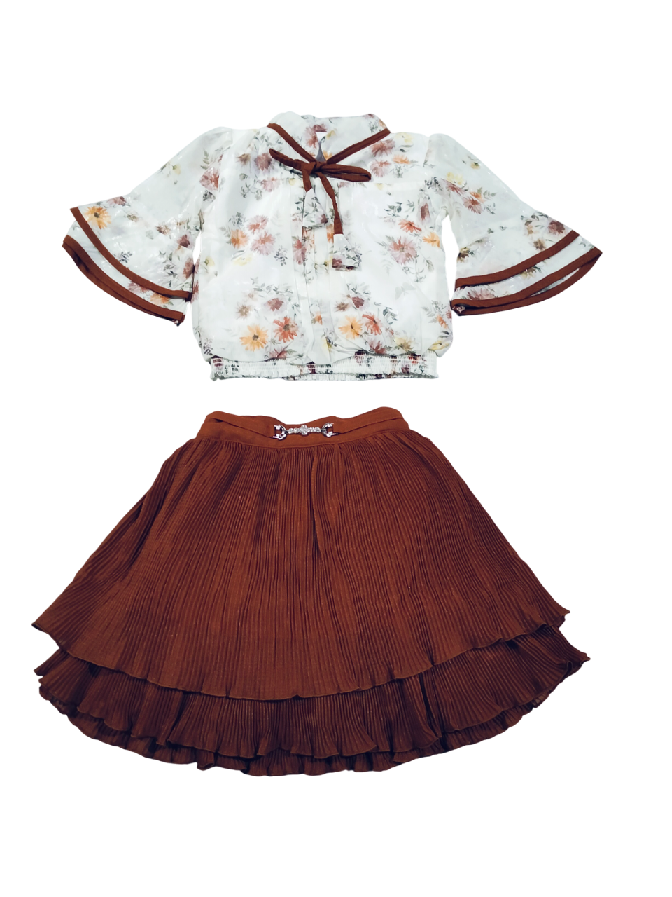 Elegant Floral Top & Rust Pleated Skirt Set for Girls D.11.015V B.1258 Elegant Floral Top & Rust Pleated Skirt Set for Girls D.11.015V B.1258
