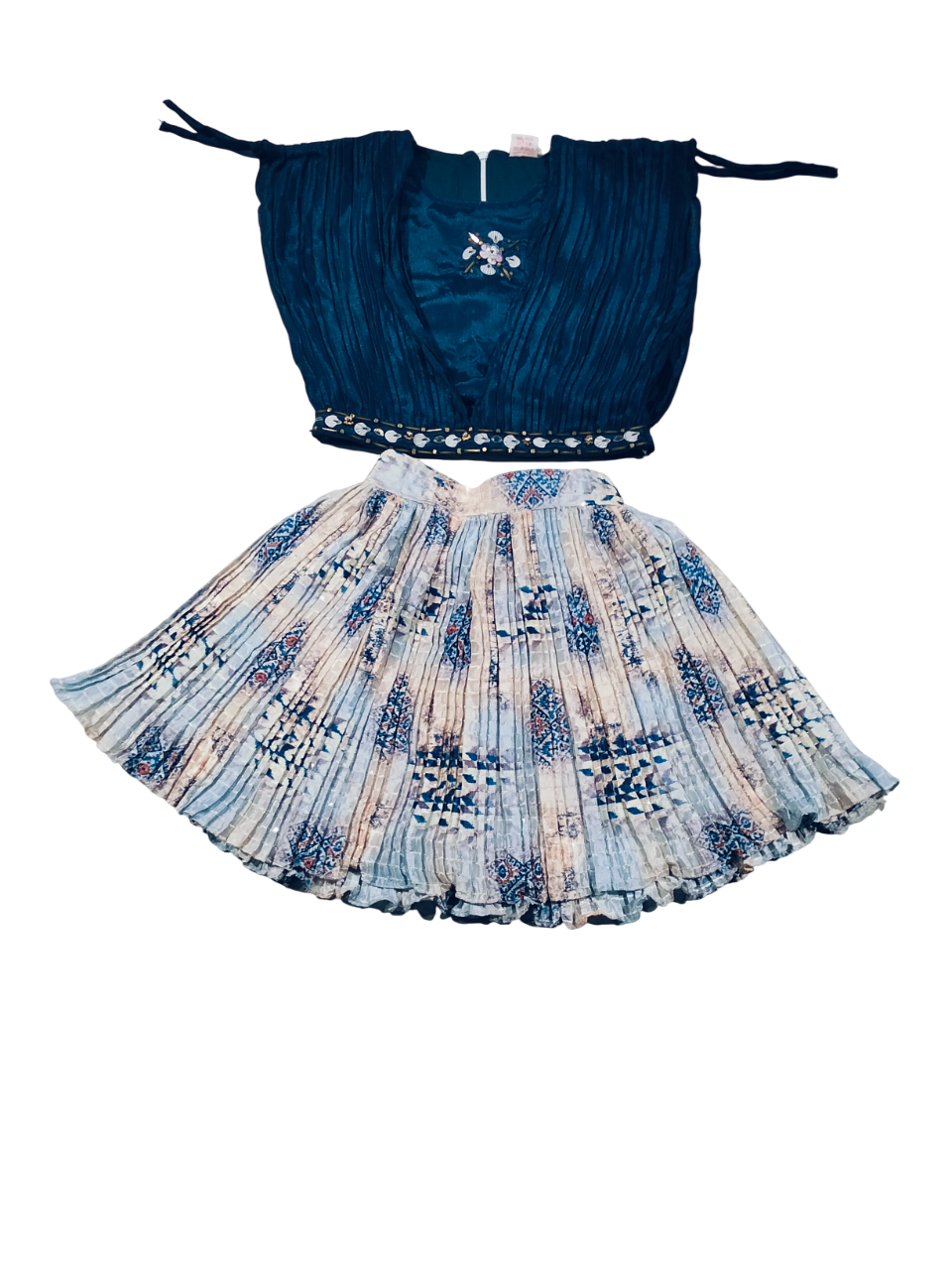Indigo Ethnic-Inspired Sleeveless Top & Printed Pleated Skirt Set for Girls D.17.006 B.1296 Indigo Ethnic-Inspired Sleeveless Top & Printed Pleated Skirt Set for Girls D.17.006 B.1296
