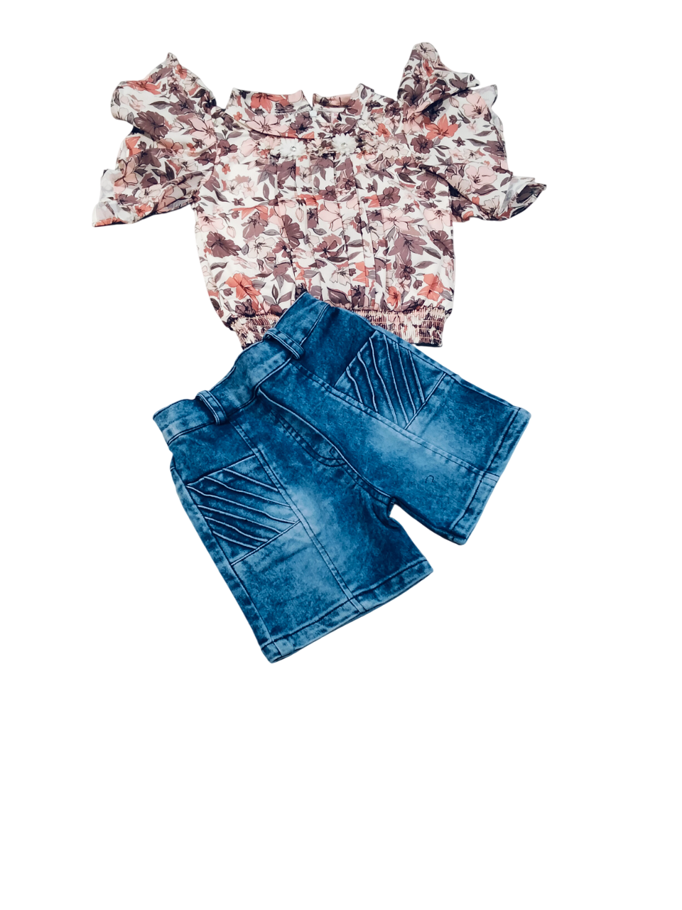 Trendy Floral Top & Denim Shorts Set for Baby Girls D.21.5105 B.1322 Trendy Floral Top & Denim Shorts Set for Baby Girls D.21.5105 B.1322