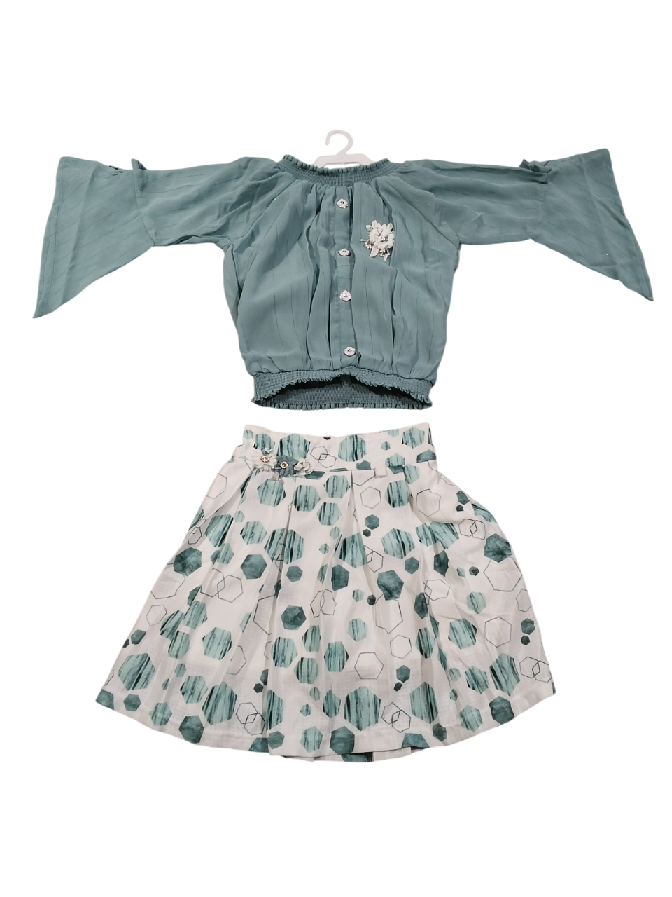 Green Top with Printed Geometric Skirt D.001 B.1190 Green Top with Printed Geometric Skirt D.001 B.1190