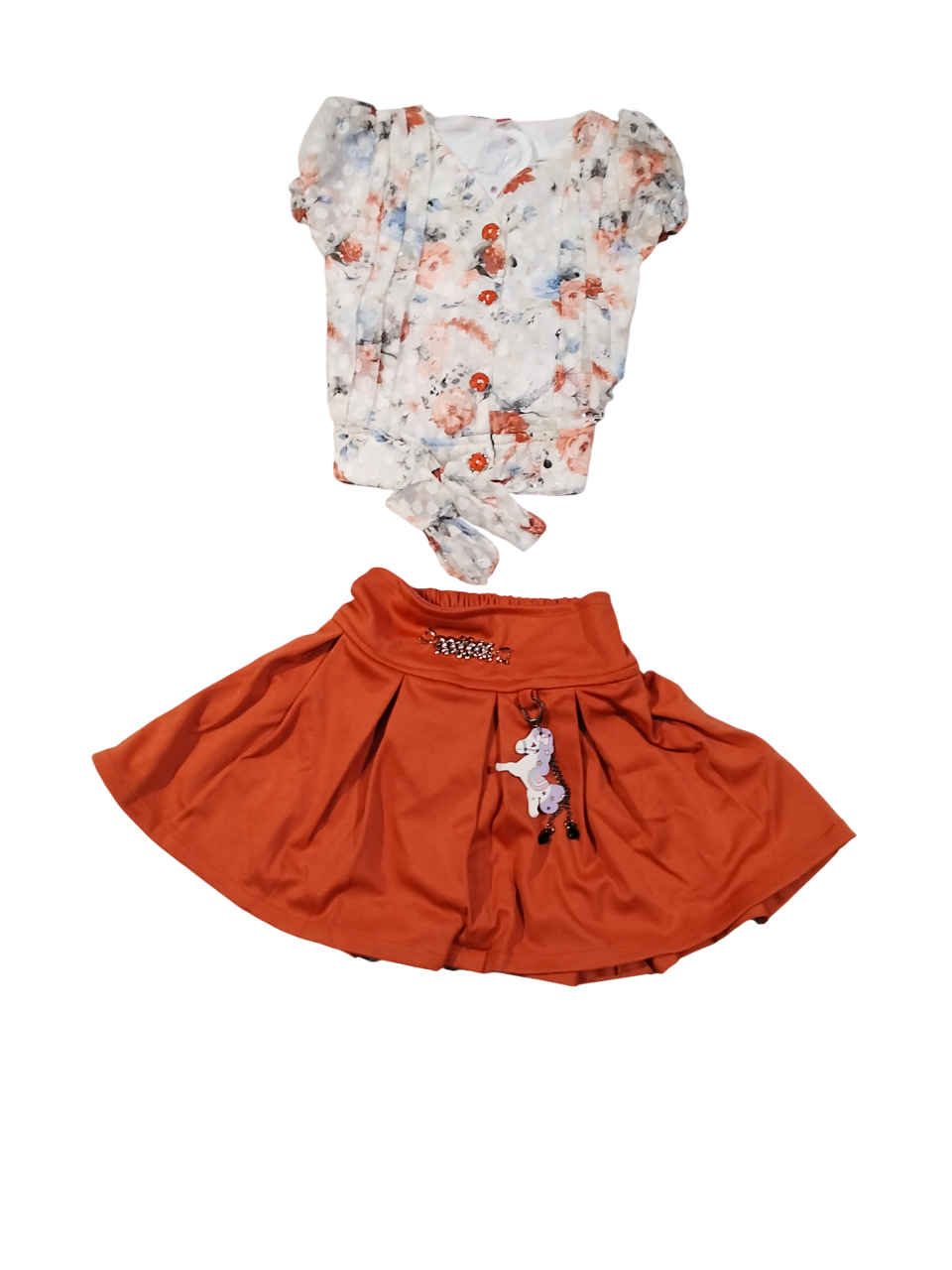 Floral Tie-Up Top & Rust Orange Skirt Set for Girls D.10.304A B.1247 Floral Tie-Up Top & Rust Orange Skirt Set for Girls D.10.304A B.1247
