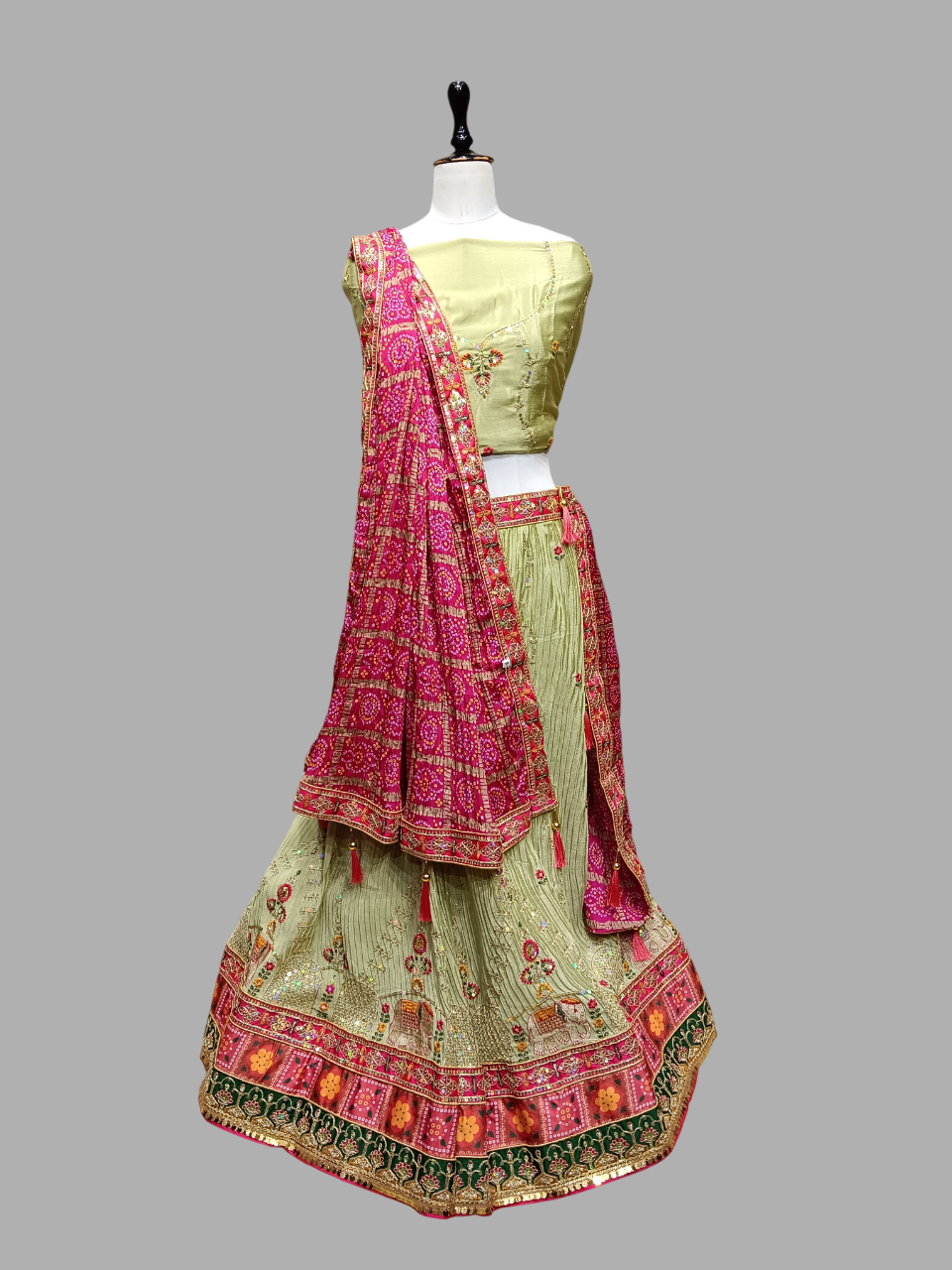 Pastel Green and Pink Embroidered Lehenga Choli Set D.280 Pastel Green and Pink Embroidered Lehenga Choli Set D.280