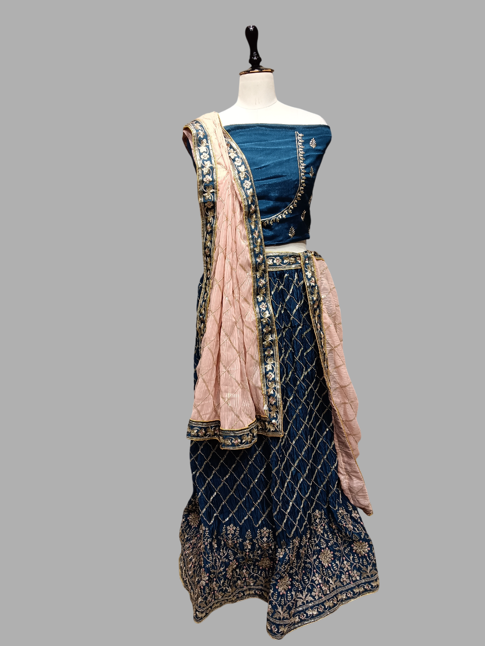 Royal Blue Embroidered Lehenga Choli Set with Peach Dupatta (Semi-Stitched with Unstitched Blouse) D310 Royal Blue Embroidered Lehenga Choli Set with Peach Dupatta (Semi-Stitched with Unstitched Blouse) D310