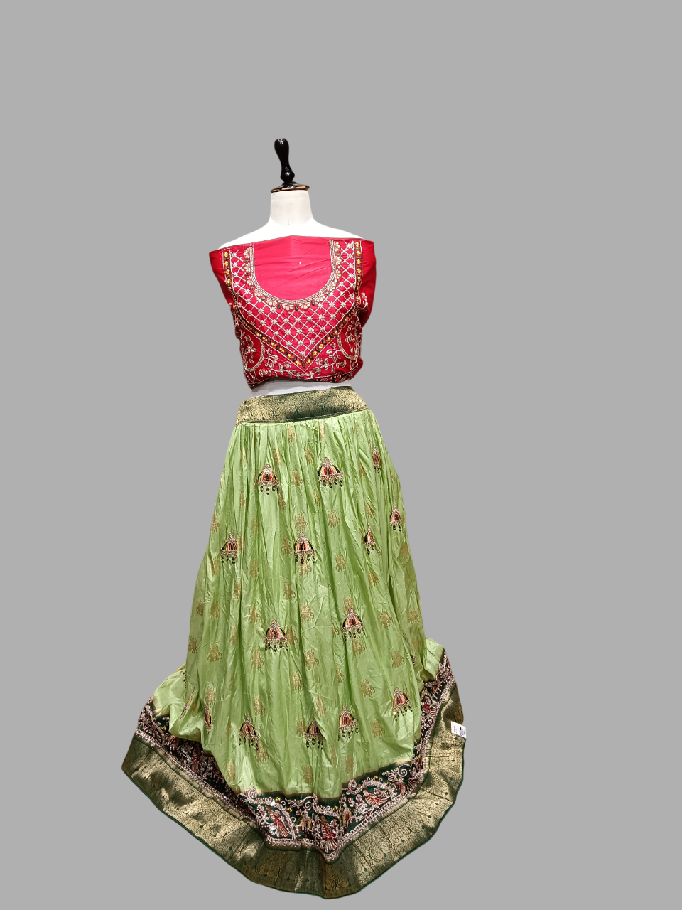 Designer Green Lehenga with Rani Pink Embroidered Blouse and Dark Green Bandhej Dupatta D510 Designer Green Lehenga with Rani Pink Embroidered Blouse and Dark Green Bandhej Dupatta D510