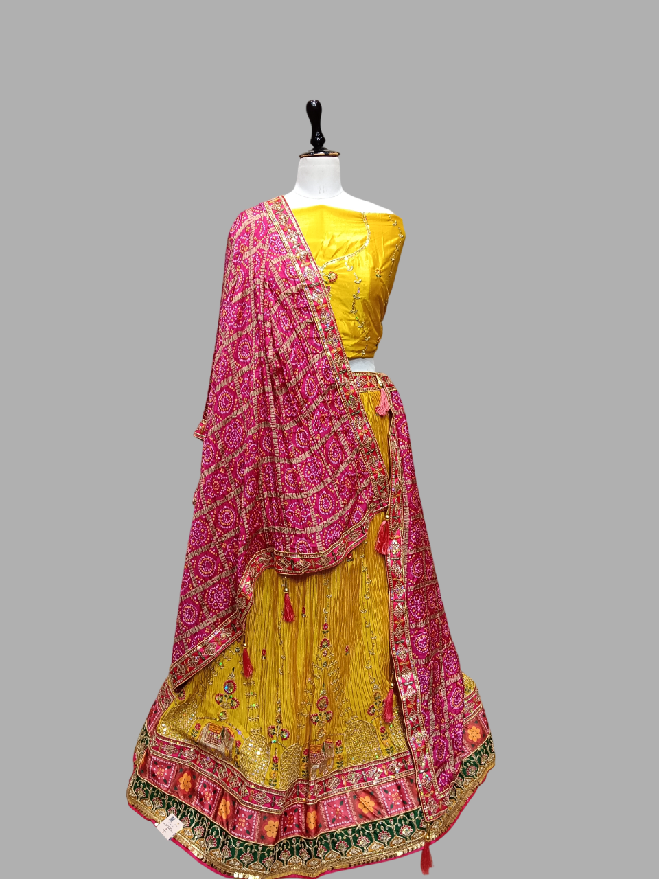 Designer Yellow Lehenga with Embroidered Yellow Blouse and Pink Bandhej Dupatta D280 Designer Yellow Lehenga with Embroidered Yellow Blouse and Pink Bandhej Dupatta D280