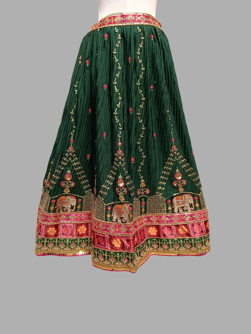 Designer Dark Green Lehenga with Embroidered Green Blouse and Red Bandhej Dupatta D280 Designer Dark Green Lehenga with Embroidered Green Blouse and Red Bandhej Dupatta D280