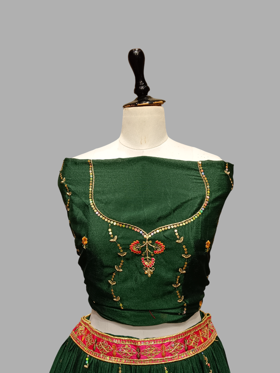 Designer Dark Green Lehenga with Embroidered Green Blouse and Red Bandhej Dupatta D280 Designer Dark Green Lehenga with Embroidered Green Blouse and Red Bandhej Dupatta D280