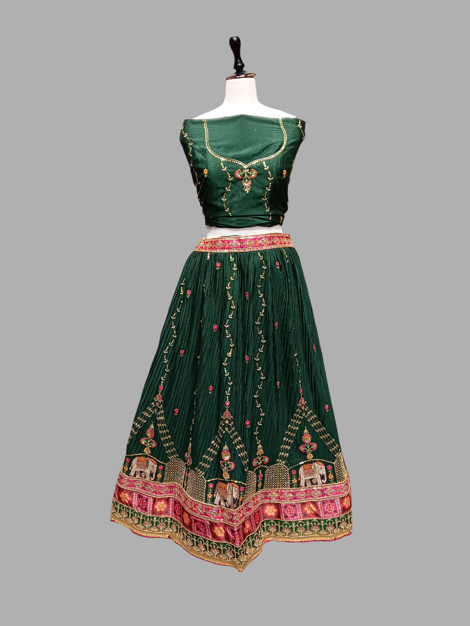 Designer Dark Green Lehenga with Embroidered Green Blouse and Red Bandhej Dupatta D280 Designer Dark Green Lehenga with Embroidered Green Blouse and Red Bandhej Dupatta D280
