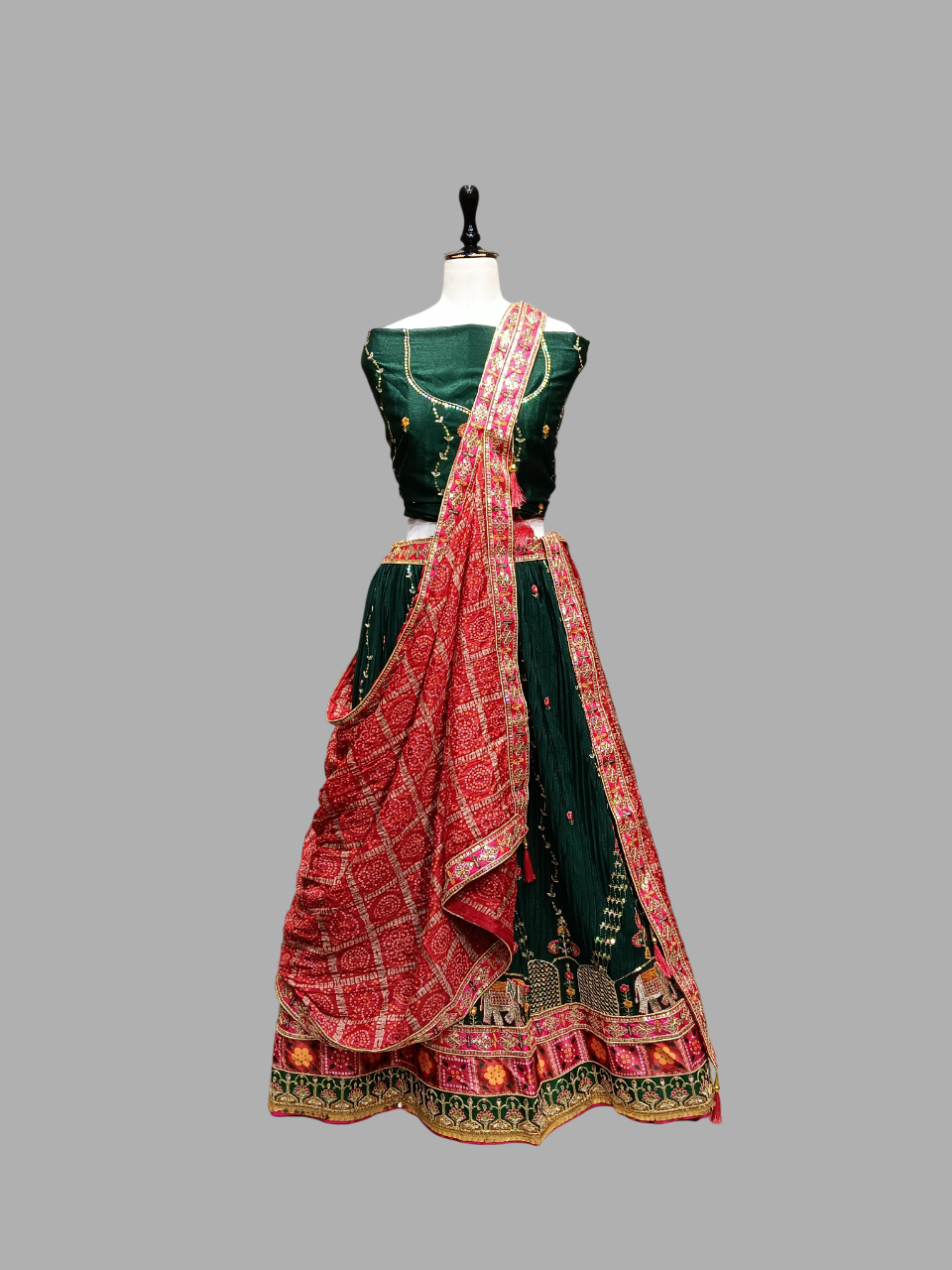 Designer Dark Green Lehenga with Embroidered Green Blouse and Red Bandhej Dupatta D280 Designer Dark Green Lehenga with Embroidered Green Blouse and Red Bandhej Dupatta D280