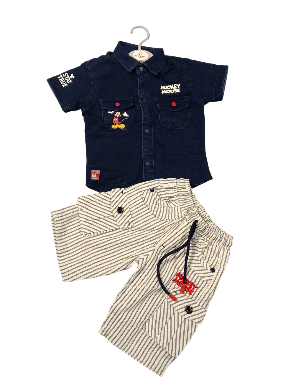 Mickey Mouse Kids Denim Shirt & Striped Shorts Set D.13.10138 B.2918 Mickey Mouse Kids Denim Shirt & Striped Shorts Set D.13.10138 B.2918