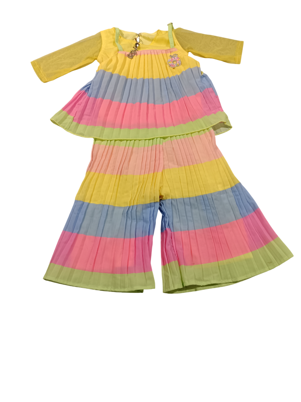 Girls' Multicolor Pleated Palazzo Set with Yellow Shrug (2-Piece Set) D.26.J510Y B.8935 Girls' Multicolor Pleated Palazzo Set with Yellow Shrug (2-Piece Set) D.26.J510Y B.8935