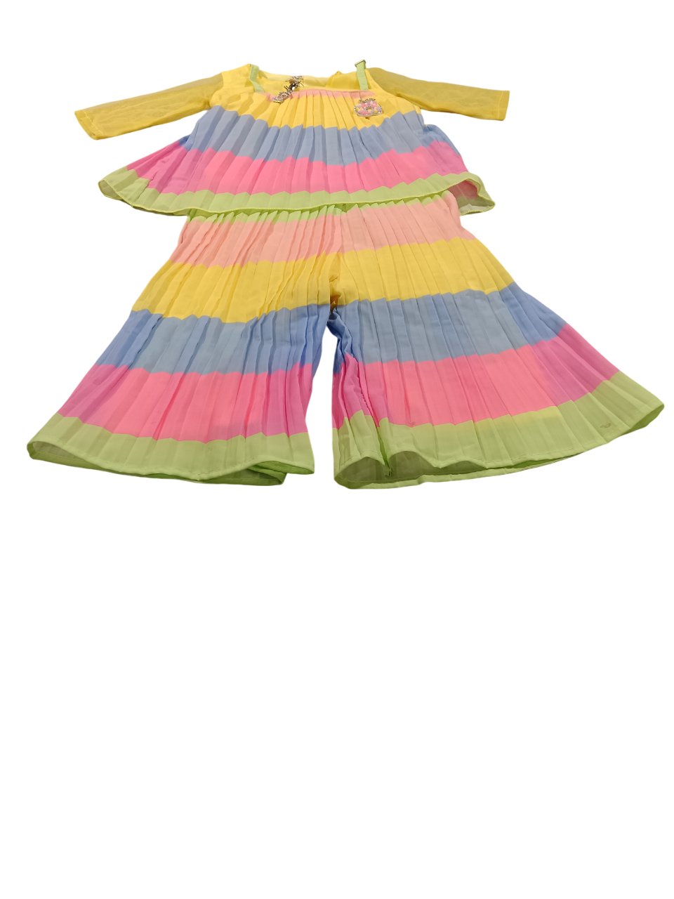Girls' Multicolor Pleated Palazzo Set with Yellow Shrug (2-Piece Set) D.26.J510Y B.8935 Girls' Multicolor Pleated Palazzo Set with Yellow Shrug (2-Piece Set) D.26.J510Y B.8935