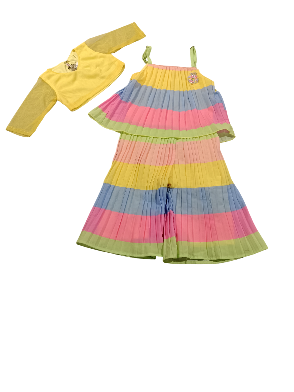 Girls' Multicolor Pleated Palazzo Set with Yellow Shrug (2-Piece Set) D.26.J510Y B.8935 Girls' Multicolor Pleated Palazzo Set with Yellow Shrug (2-Piece Set) D.26.J510Y B.8935