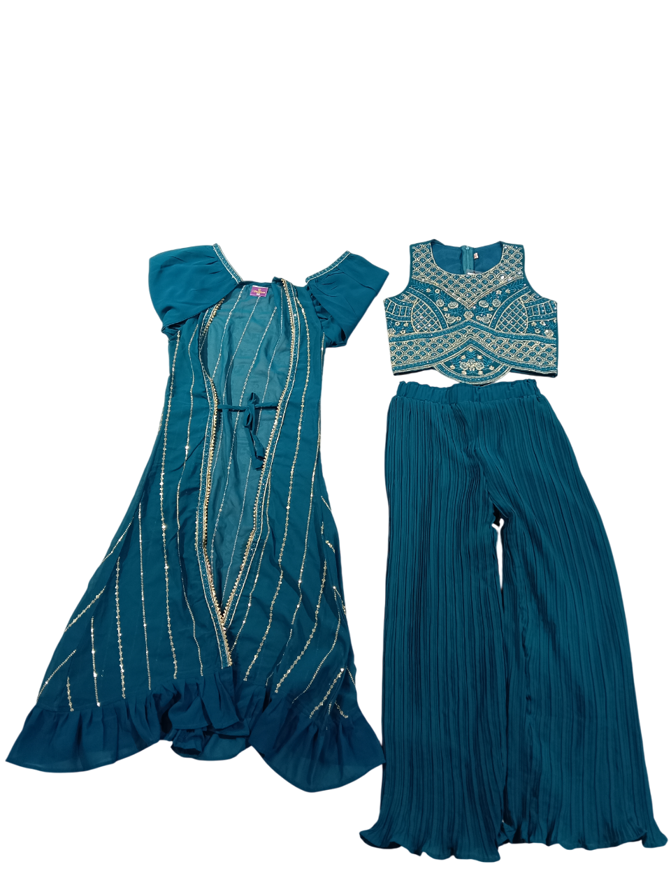 Girls 3-Piece Indo-Western Palazzo Set โ Teal Blue D.22.FS105G B.8917 Girls 3-Piece Indo-Western Palazzo Set โ Teal Blue D.22.FS105G B.8917