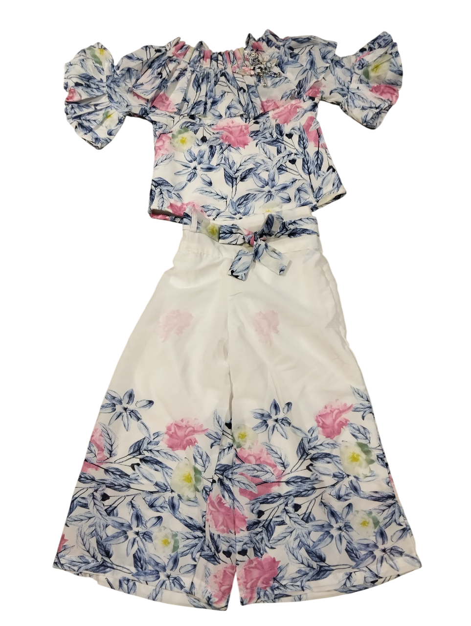 Blush Garden Off-Shoulder Top & White Floral Palazzo Set D.9/6 B.4519 Blush Garden Off-Shoulder Top & White Floral Palazzo Set D.9/6 B.4519
